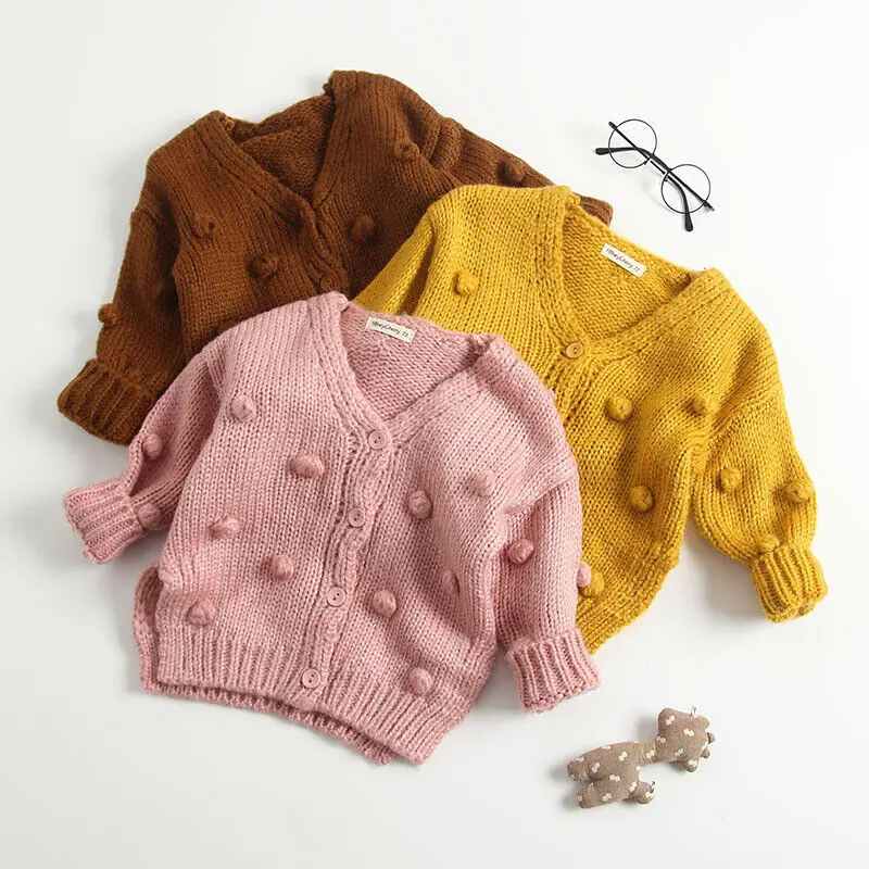 Toddler Winter Clothes Kids Baby Girl Knitted Sweater Coat Long Sleeve Solid Cardigan Jacket Small Ball Decoration Outwear