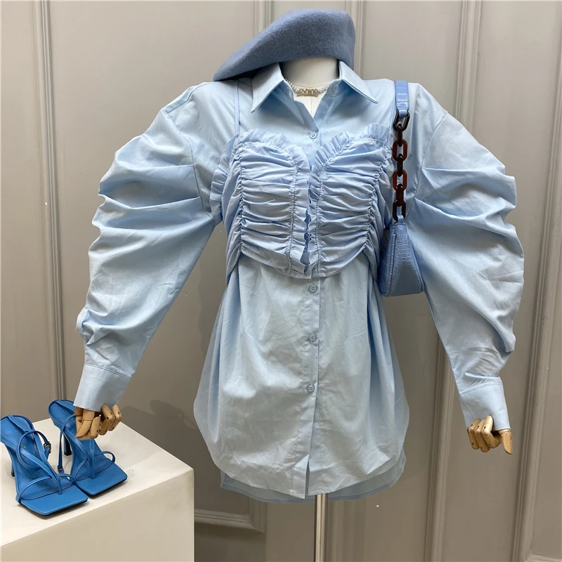 

2020 Autumn Dress for Woman New Design Pleated Sling Bra Cami + Elegant Puff Sleeve Midi Shirt Dress Two-Piece Women's Dresses