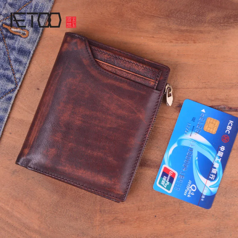 

AETOO Vintage leather men's old short wallet, handmade zipper wallet, top layer cowhide large capacity ladies wallet