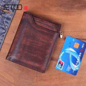 

AETOO Vintage leather men's old short wallet, handmade zipper wallet, top layer cowhide large capacity ladies wallet