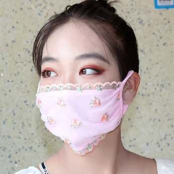 

Women Lace Embroidery Floral Sunscreen Imitation Silk Breathable Mouth Muffle Summer Sun Protection Mouth Face Dust-Proof Mask