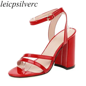 

Women Sandals Beach Shoes Super High Heel Patent Leather Peep Toe Buckle 2020 New Sexy Fashion Casual Wedding Office Black Red