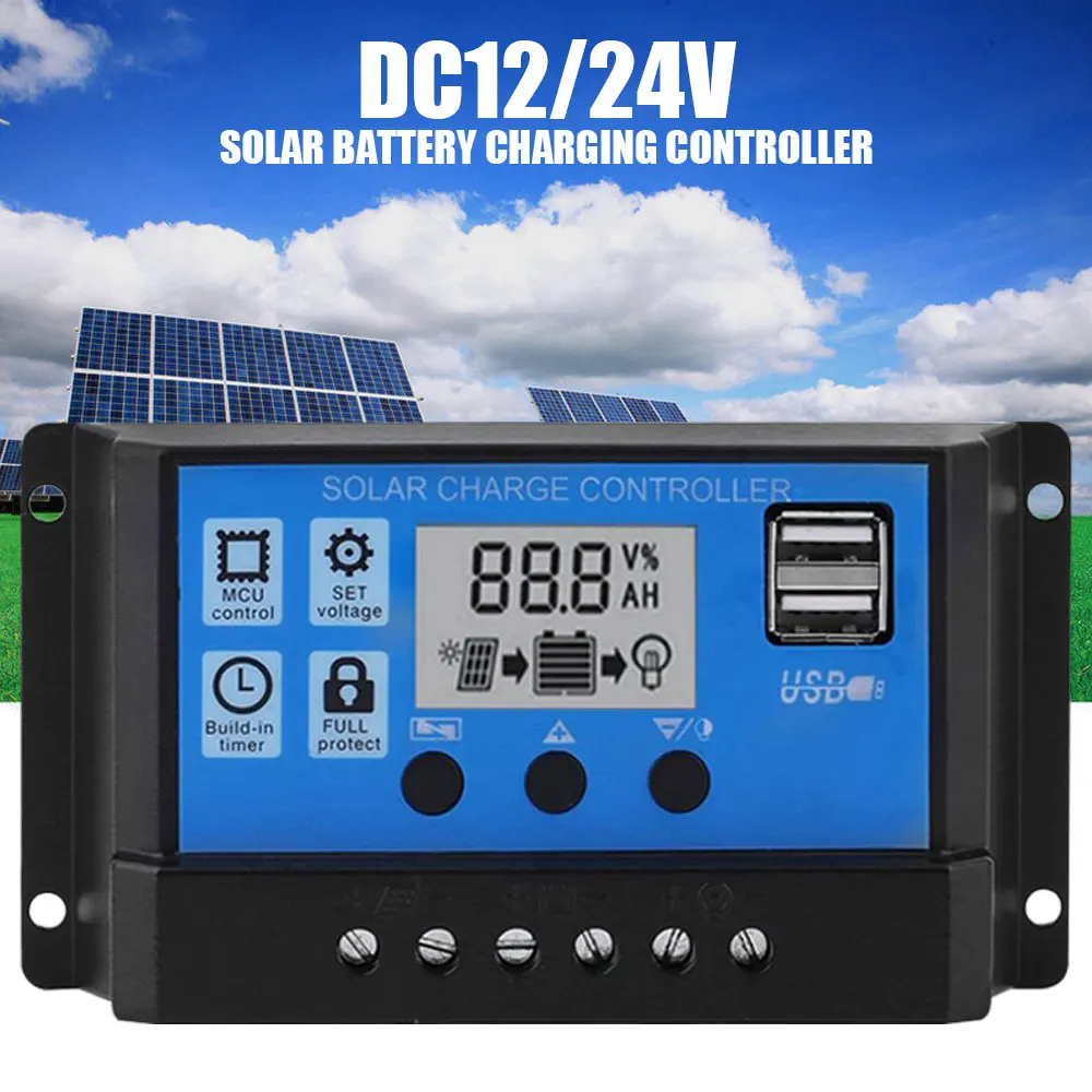 

10A-100A LCD PWM Solar Panel Regulator Charge Controller 12V/24V Auto Focus Tracking 2 USB Solar Energy Inverters Solar Charge