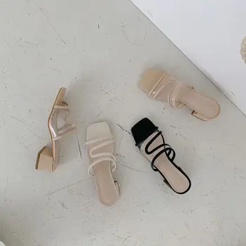

Med Shoes Slippers Women Summer Heeled Mules Slides Fashion Square heel Pantofle Heels Luxury Block 2020 High Rubber Basic Rome