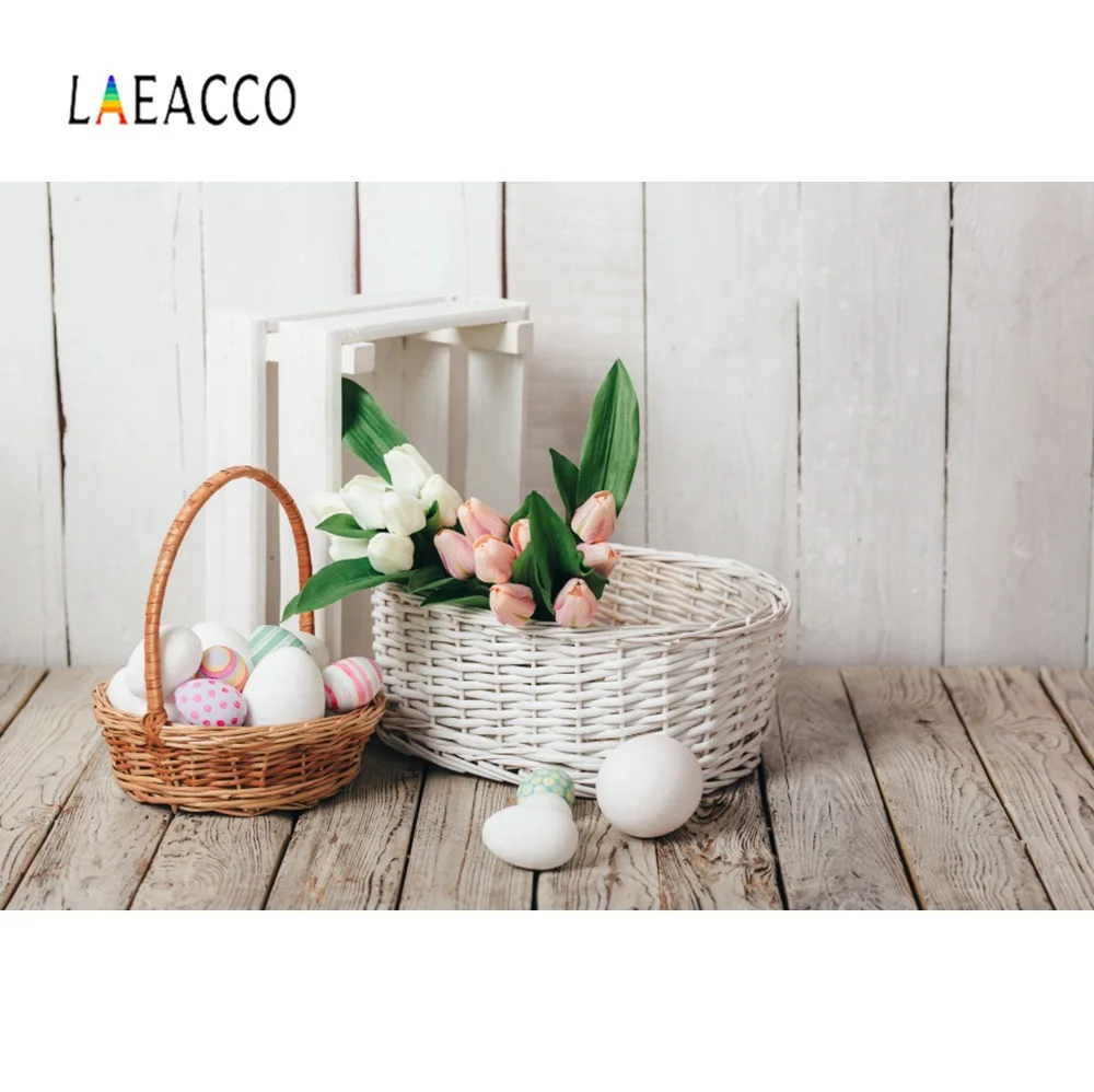 

Laeacco Wooden Board Floor Baskets Easter Eggs Flower Photography Backgrounds Customized Photographic Backdrops For Photo Studio