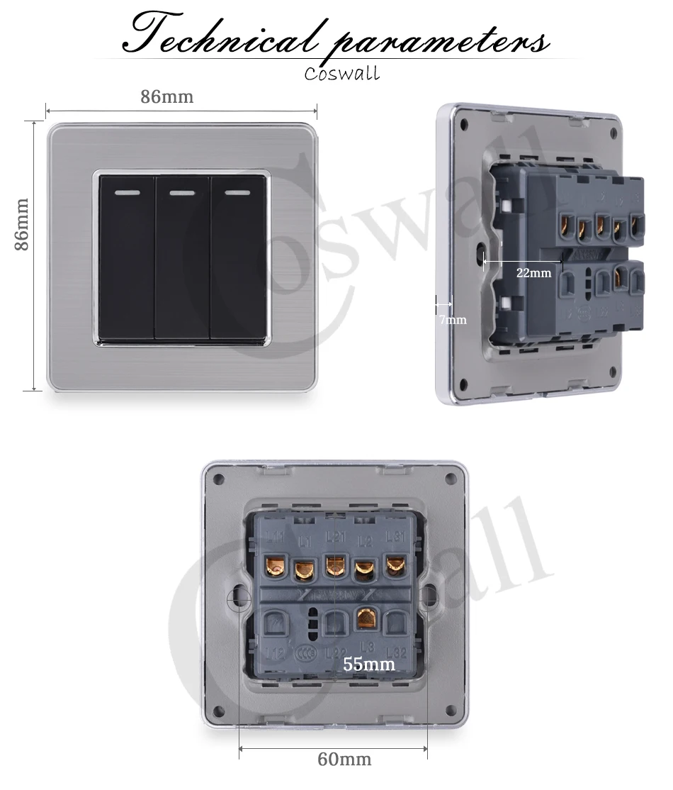 Coswall 3 банды 1 способ роскошный светильник Переключатель ВКЛ/ВЫКЛ настенный выключатель прерыватель из нержавеющей стали панель переменного тока 110~ 250 В