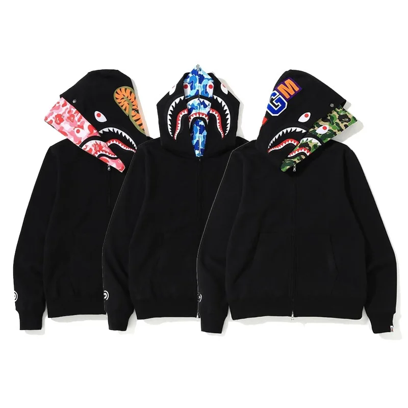 

2019 Autumn And Winter New Style Japanese-style Popular Brand Camouflage Double Cap Black And White with Pattern Shark Hoodie Pu