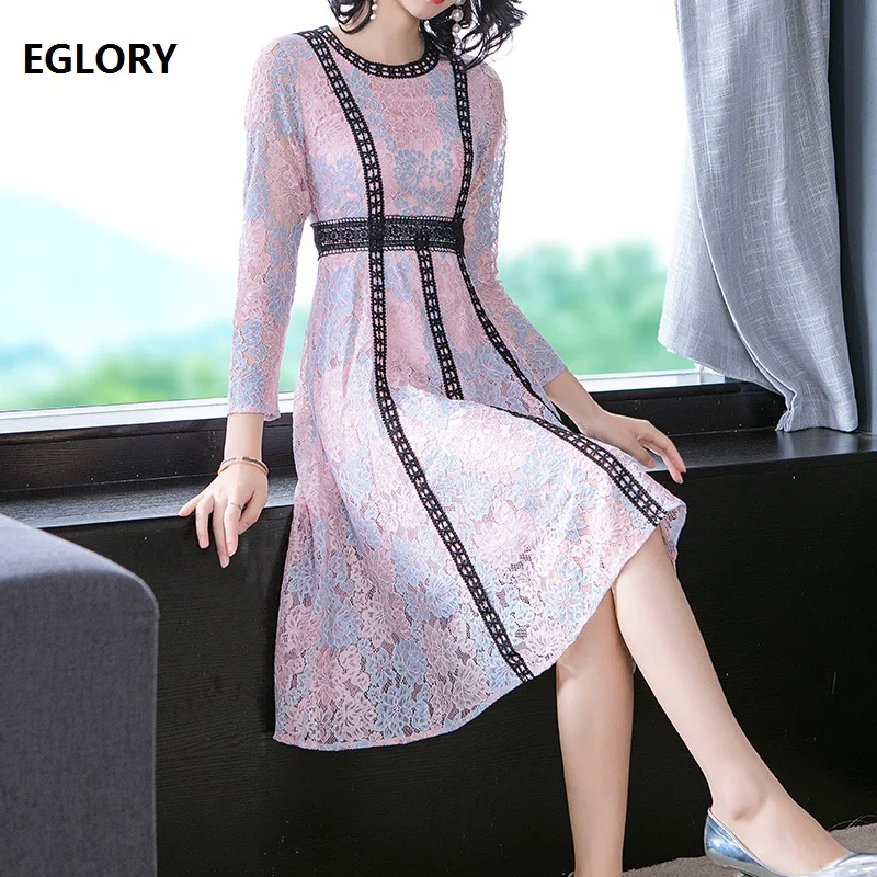 

High Quality Lace Dress 2019 Autumn Style Women Black Lace Color Block 3/4 Sleeve Mid-Calf Length Large Swing Party Elegant Dres