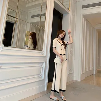 

2019 Autumn Turn Down Collar Short Sleeve Two Piece Outfits Women Cardigan Tops Wide Leg Pants Set Solid Suits
