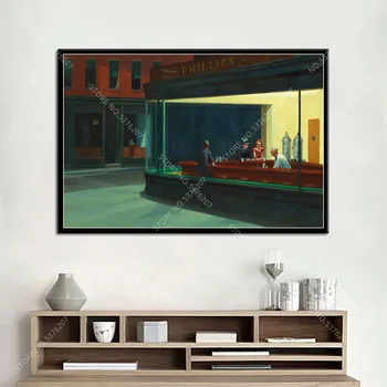 

G570 Art Decor Edward Hooper Nighthawks Oil Painting Modern Abstract Famous Artwork Collage Wall Art Canvas Painting Silk Poster