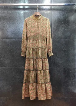 

2020 Early Spring New Model Fashion Elegant O-neck Long Sleeve A-line Mul-layers Flowers Printed Dress Free Shipping Worldwide