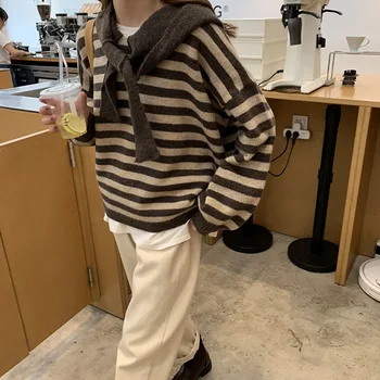 

Slouchy round neck hooded striped sweater women's 2019 winter Korean color contrast knitted sweater christmas sweater