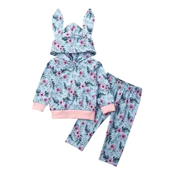 

Cute Toddler Baby Girls Winter Clothes Bunny Ear Hooded Tops Pants Outfits Set Tracksuit Kids Girls Clothing Floral Infant Sets