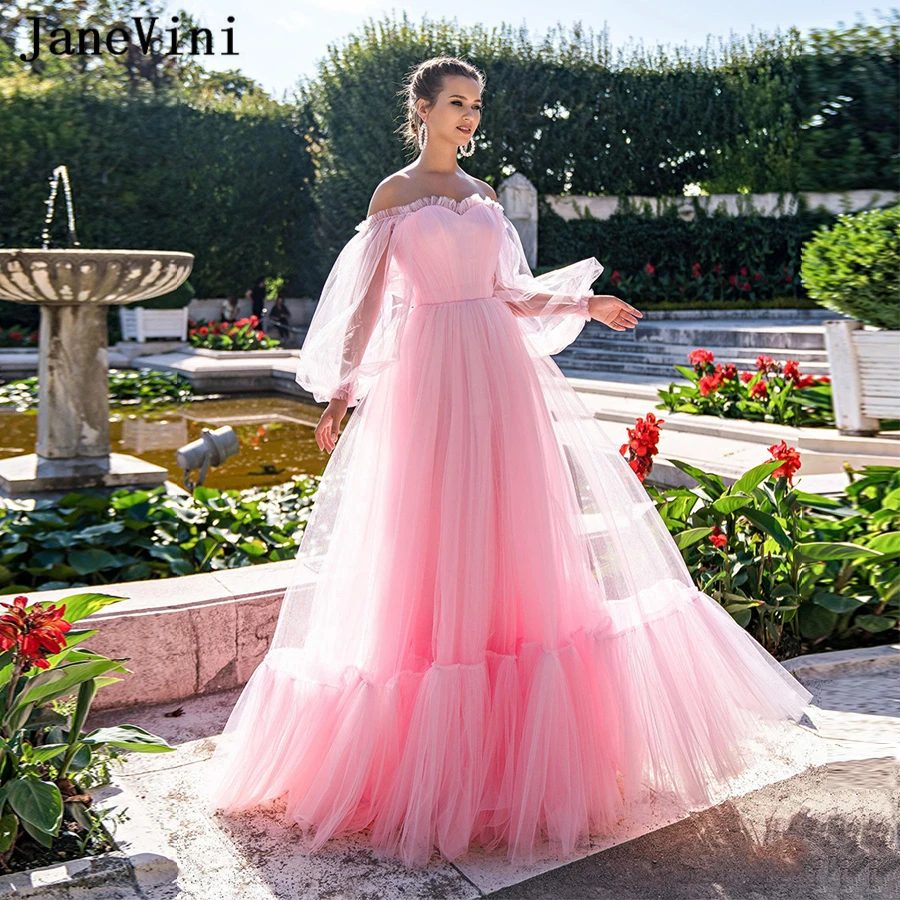 

JaneVini 2020 Charming Pink Princess Prom Dresses with Puffy Long Sleeves Sweetheart Ruched Tulle A Line Plus Size Formal Dress