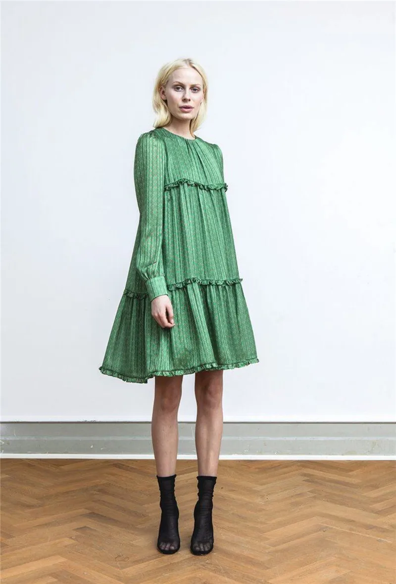 Женщины стоячий воротник Ruffle Trim круглое кольцо полосатый принт платье в зеленом