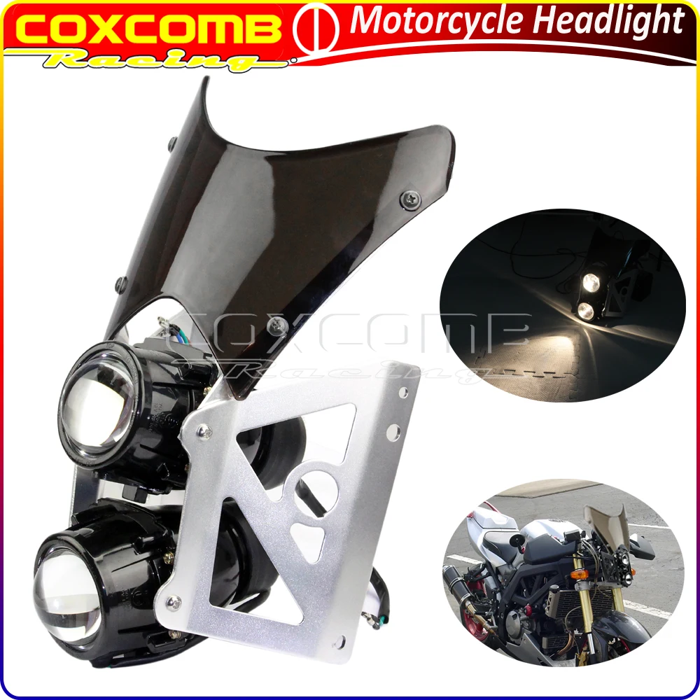 

Мотоциклетный проектор E4 E-Mark H3, двойная фара для Yamaha Suzuki Kawasaki, двойная Спортивная фара ближнего/дальнего света с комплектом ветрового стекла