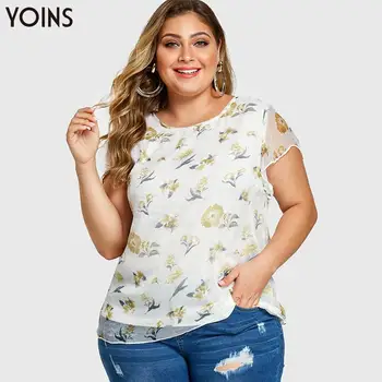 

YOINS Bohemian Floral Print Round Neck Ruffl Trim Sleeves Blouse 2020 Summer Vintage Shirt Casual Plus Size Tops Female Tunic