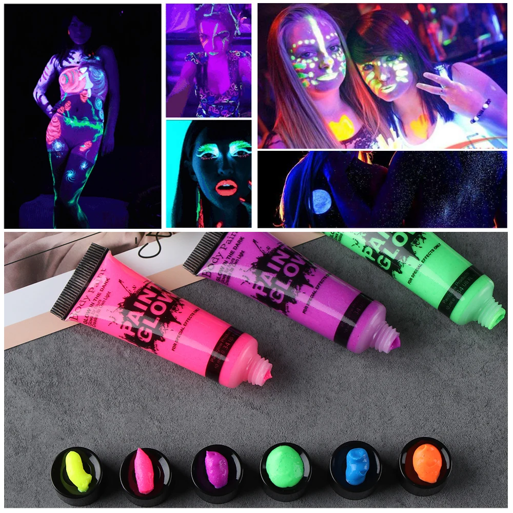 6pcs/Set UV Body Paint Colorful Neon Fluorescent Party Festival Cosplay Makeup Paint Kids Halloween 6 Colors Face Body Painting