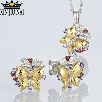 

925 silver setWomen's Latest 14K Two Tone Gold Butterfly Earring Necklace Stone Pendant Suitable for Necklace Sliding Pendant
