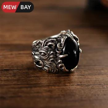 

S925 Sterling Silver Retro Two Dragons Frolicking With A Pearl Black Agate Lion's Head Power Vintage Chinese Men Fine Jewelry
