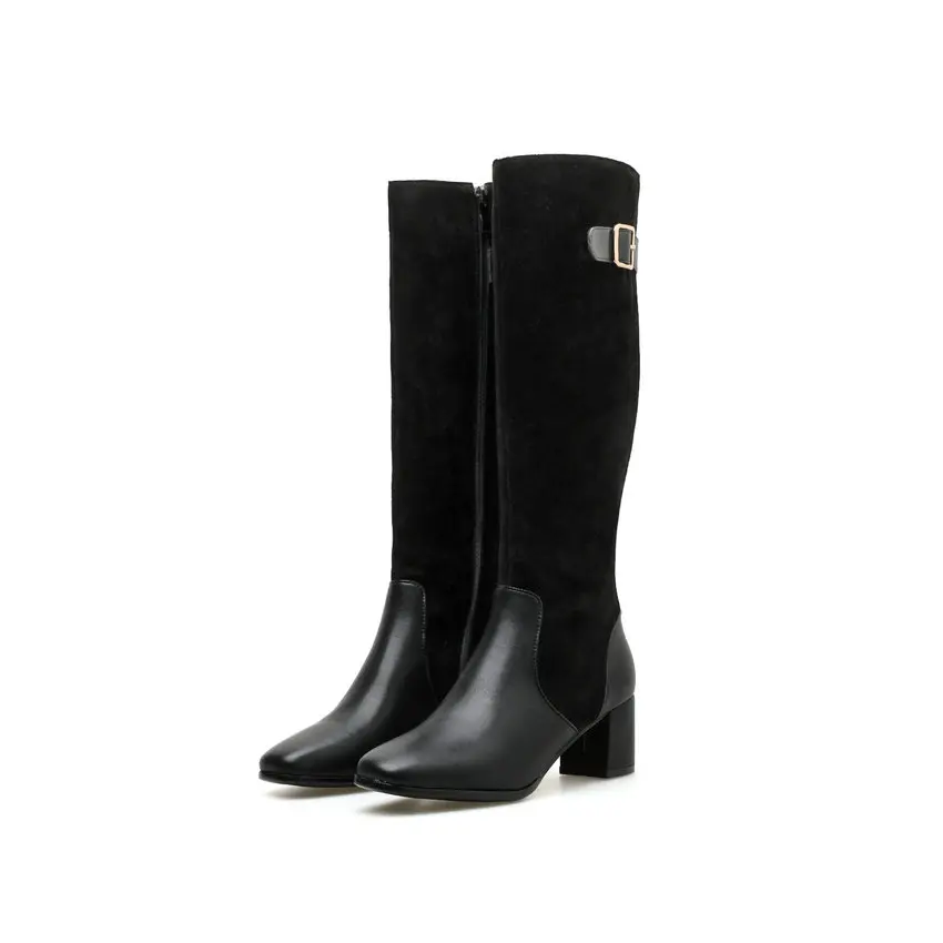 ESVEVA Shoes Women Knee-high Boots Square Med Heel PU+Leather Boots Fashion Platform Round Toe Motorcycle Boots Size 34-39