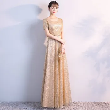 

Temperament Bridal Wedding Dress Generous Banquet Gold Host Dress Cheongsam Robe De Soiree Women New Noble Round Collar Qipao
