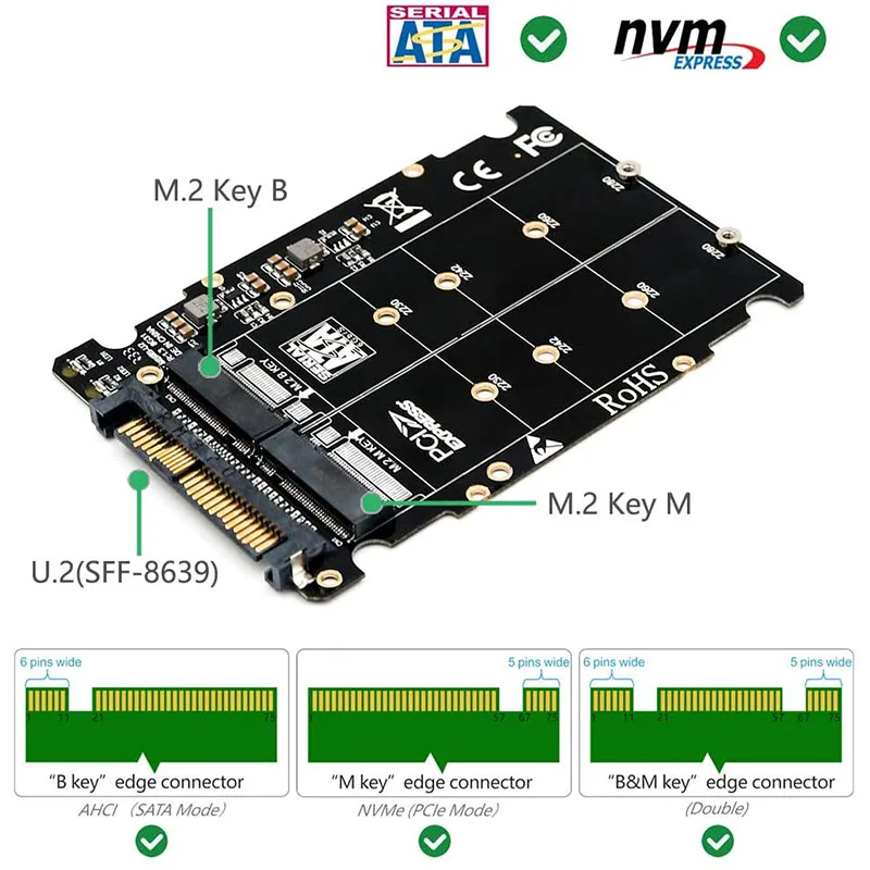 2 In 1 M.2 NVMe SATA U2PCB M.2 NVME SSD Key M Key B SSD To U.2 SFF-8639 Adapter PCIe M2 Converter Desktop Computer Parts — view 2