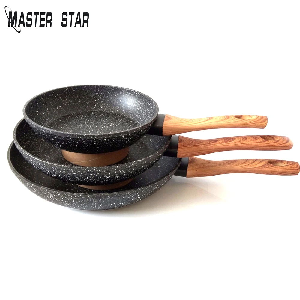 Master Star Wooden Soft Touch Handle Pans Black Granite Coating Teflon Sartenes Frier Induction Cooker 20/24/28cm Set Non-stick