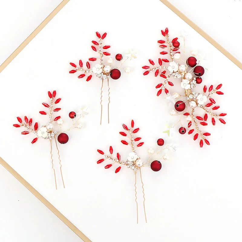 

FORSEVEN Romantic Hair Jewelry Set Red Crystal Flower Hairpin Tiara Jewelry Set Bridal Wedding Hair Jewelry Accessories JL