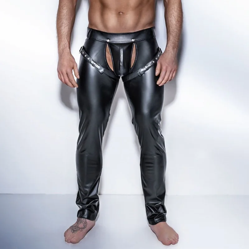 Mens Trousers Open Crotch PU Leather Latex Leggings Fitness Pencil Pants Taniec Na Rurze Clubwear Gay Sexy Wetlook Leggings XXL