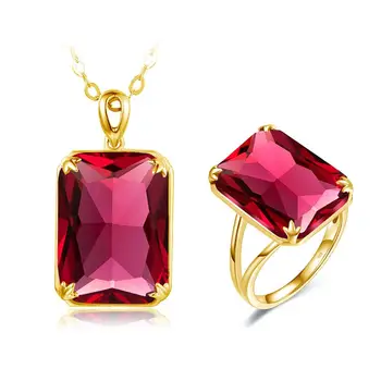 

Szjinao 14K Gold Jewelry Set For Women Sparkling Red Ruby Pendant Ring Sets Rectangle Real 925 sterling Siver Fine Jewelry Gifts