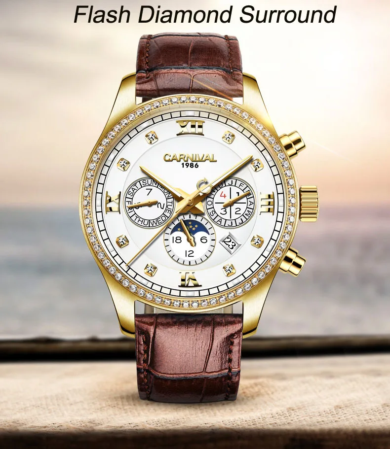 Carnival Brand Luxury Switzerland Waterproof Men Watches Mechanical Watch Men Multi-function Diamond Dial hombre relogio C8734-4