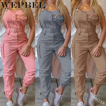 WEPBEL נשים מזדמן מטען Playsuit שרוולים O צוואר סרבל עם כיס וחגורה אלגנטי מכנסי עיפרון סרבל