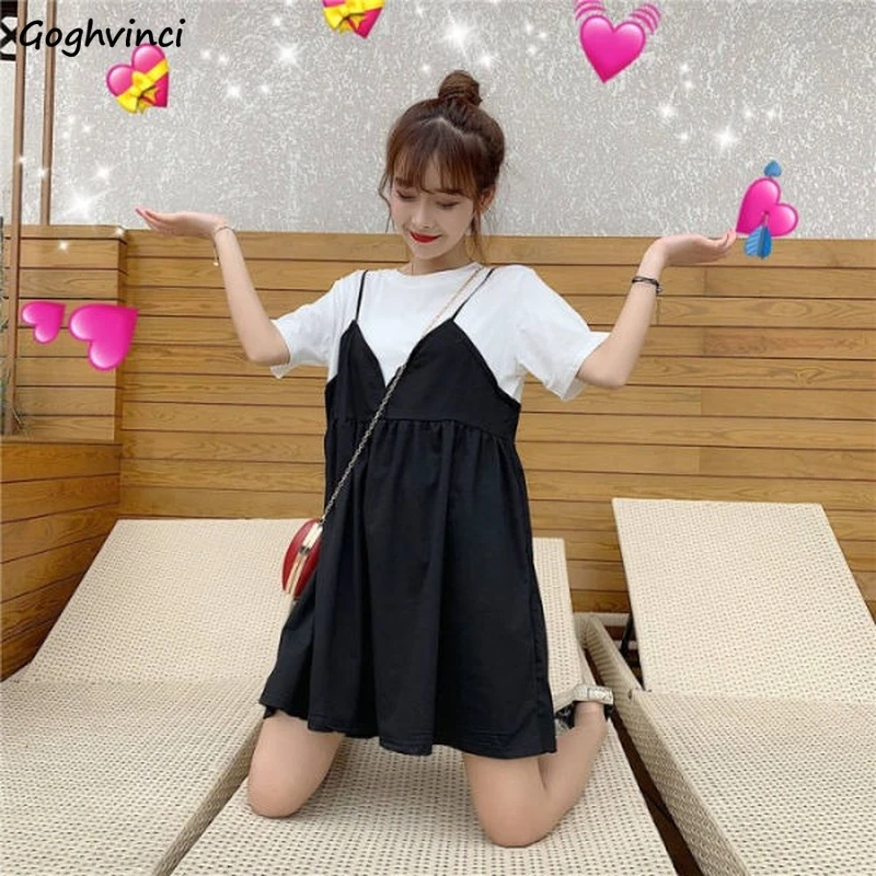 Short Sleeve Dress Women All-match Large Size Patchwork College Ulzzang Summer Leisure A-Line 2021 Simple O-Neck Newly Oversized black dress
