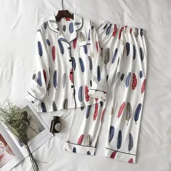 

Women Feather Print Turn-Down Collar Pants Pajama Two Piece Set Autumn Long Sleeve Cute Sleepwear Pants Pajama Sets