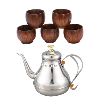 

5Pcs Creative Tea Set Small Wooden Cup & 1Pcs Stainless Steel Teapot Gooseneck Pour Coffee Drip Kettle Tea Filter Pot