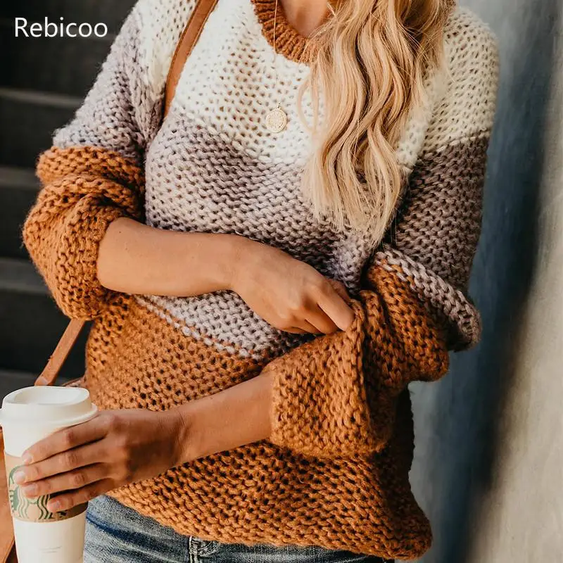 

Autumn Winter Fluffy Mohair Women Sweater Long Sleeve Patchwork Knitted Sweaters Pullovers Colorful Striped Oversized Sweater