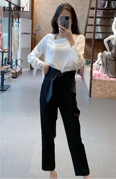 

Elegant Work Suits 2020 Spring Summer Pant Set Women Slash V-Neck White Shirts+Big Bow Tie Deco Calf Length Pants & Capris Set
