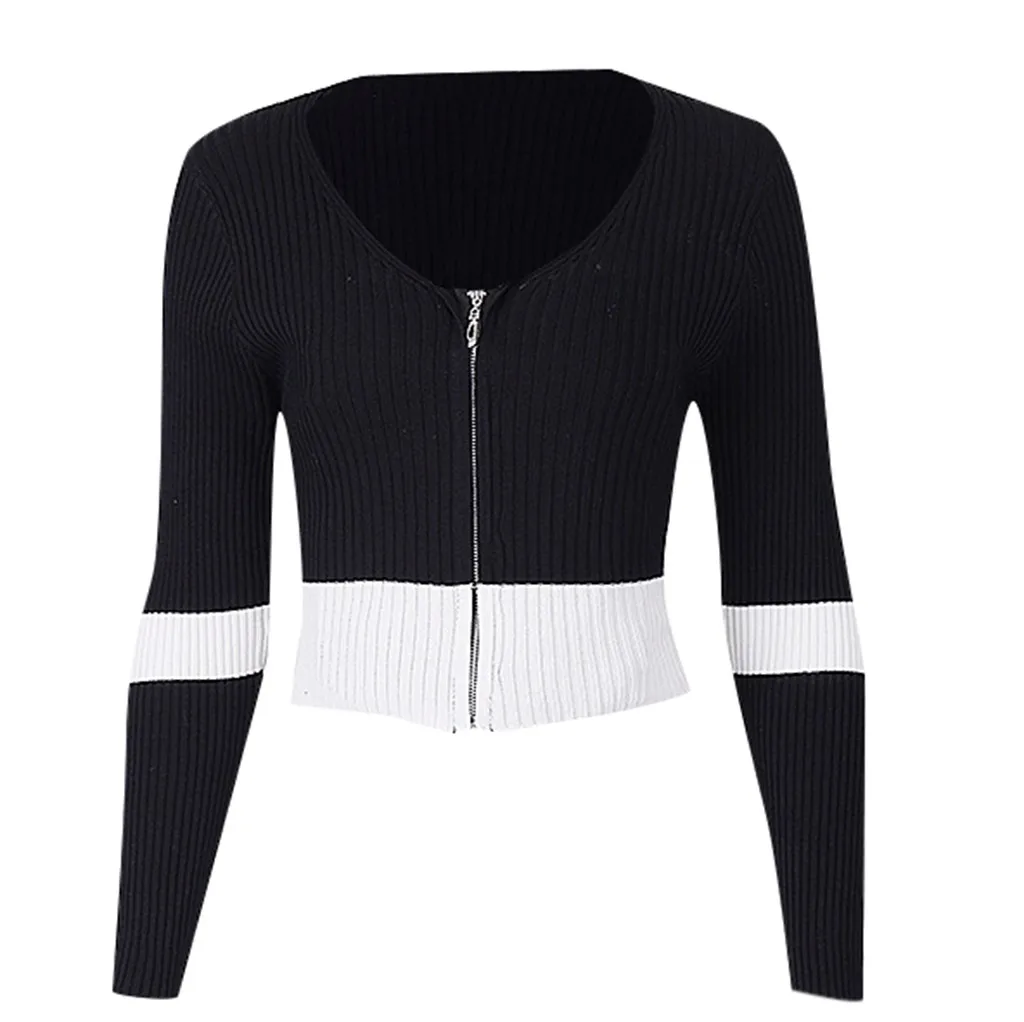coats and jackets Women Autumn Long Sleeve Color Splicing Zipper Knitting Pullover Short Blouse chaquetas mujer manteau femme