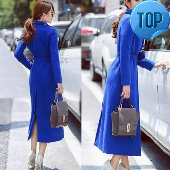 

Women Woolen Coat Long Korean Autumn Blue Trench Coats Outwear Female Long Sleeve Overcoat With Belt hot saleLX2078