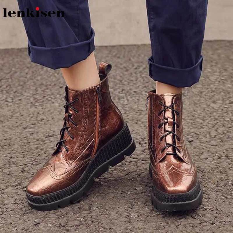 

Lenkisen brogue carved patent leather square toe high heels thick bottom waterproof lace up winter warm women ankle boots L6f3