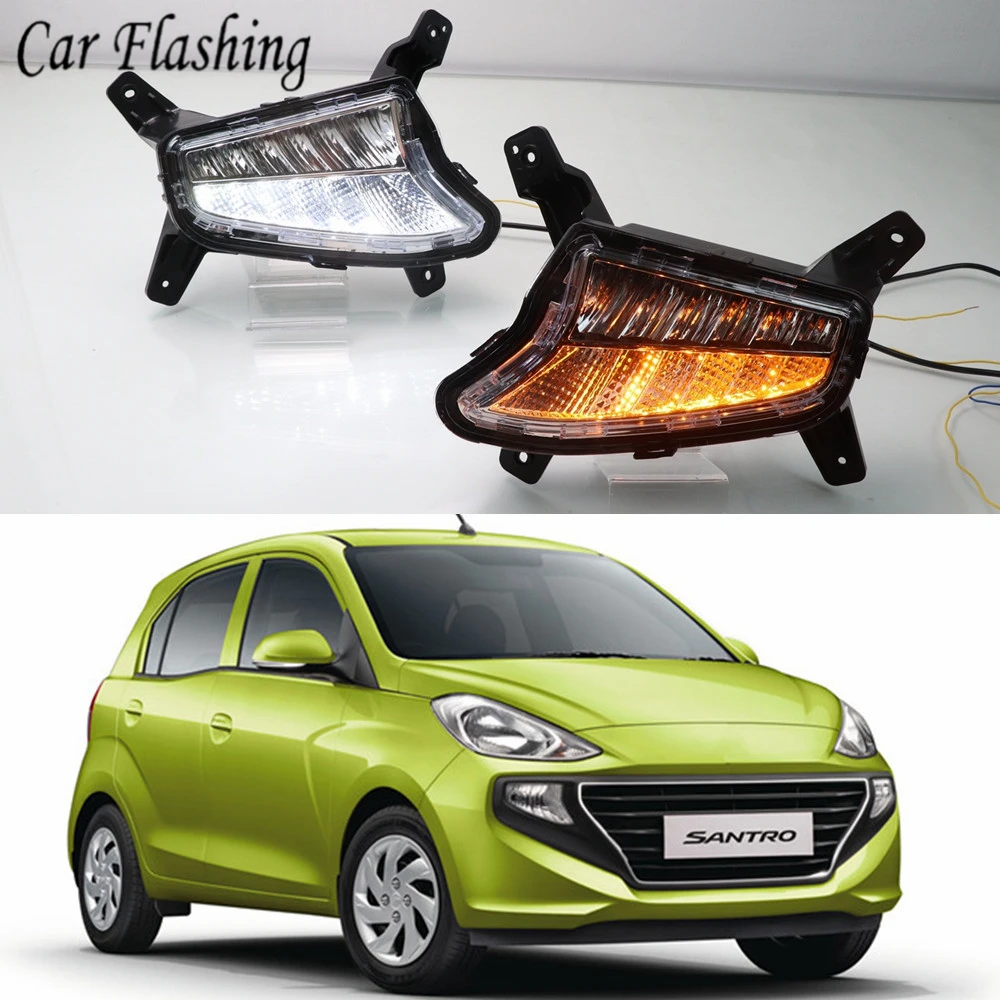 Автомобильный мигающий 1 пара светодиодный противотуманный фонарь для hyundai Santro DRL дневные ходовые огни с желтым сигналом поворота drl