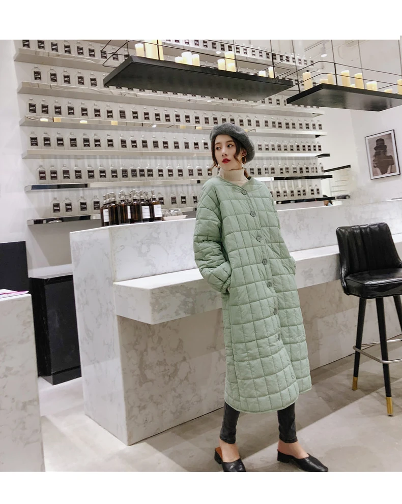 Зимняя клетчатая Женская однотонная однобортная теплая куртка с длинным рукавом в Корейском стиле, женская простая свободная тонкая куртка