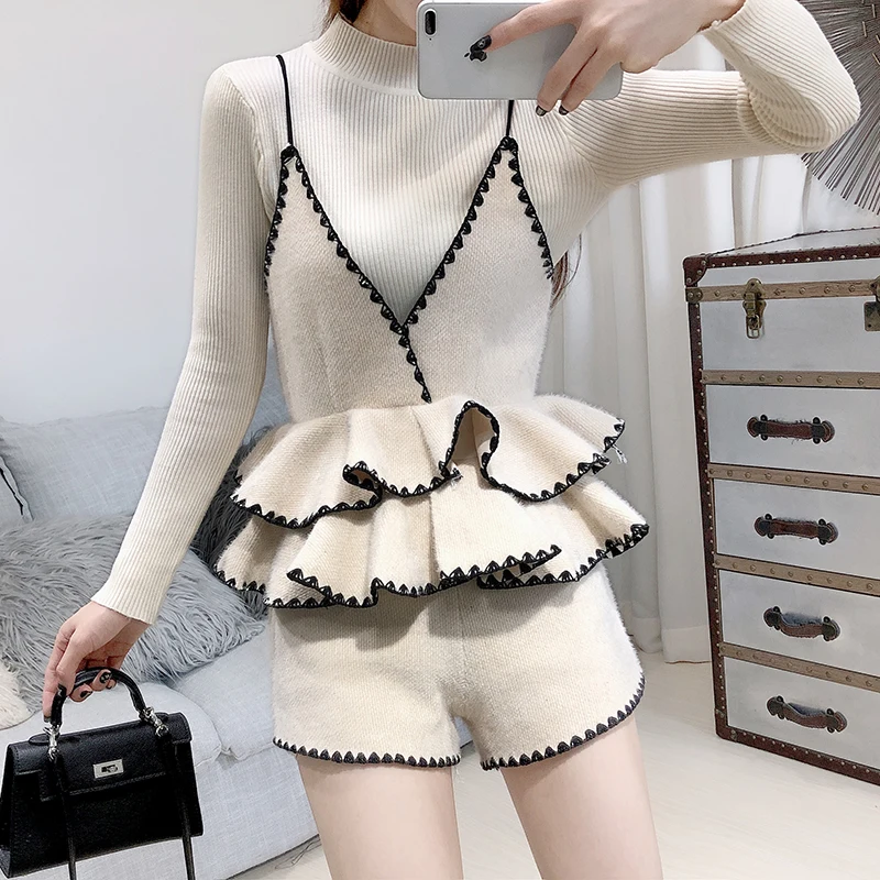 ALPHALMODA вязаный свитер + жилет с рюшами шорты Женский Стильный костюм из 3 предметов