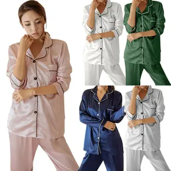 

Dropshipping 2pcs Pajama Sets Women Spring Sleepwear Silk Satin Pajamas Turn-down Collar Long Sleeve Pajamas Womens Homewear
