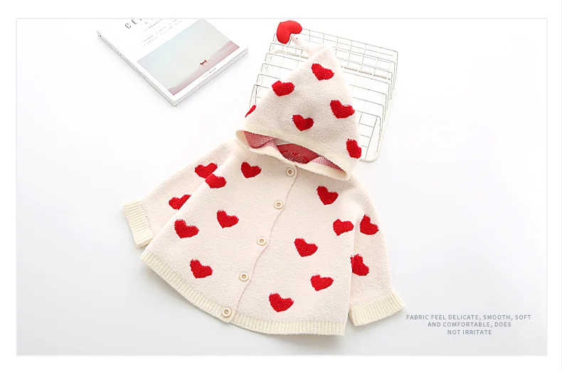 Модный свитер-накидка для маленьких девочек от 12 месяцев до 5 лет, милый вязаный свитер с капюшоном для детей Одежда для детей с сердечками