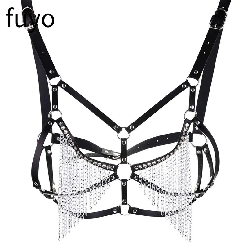 

Pu Leather Chain Harness Body Chest Goth Punk Sexy Chain Necklace Women Festival Fashion Necklaces Chains Cage Bondage