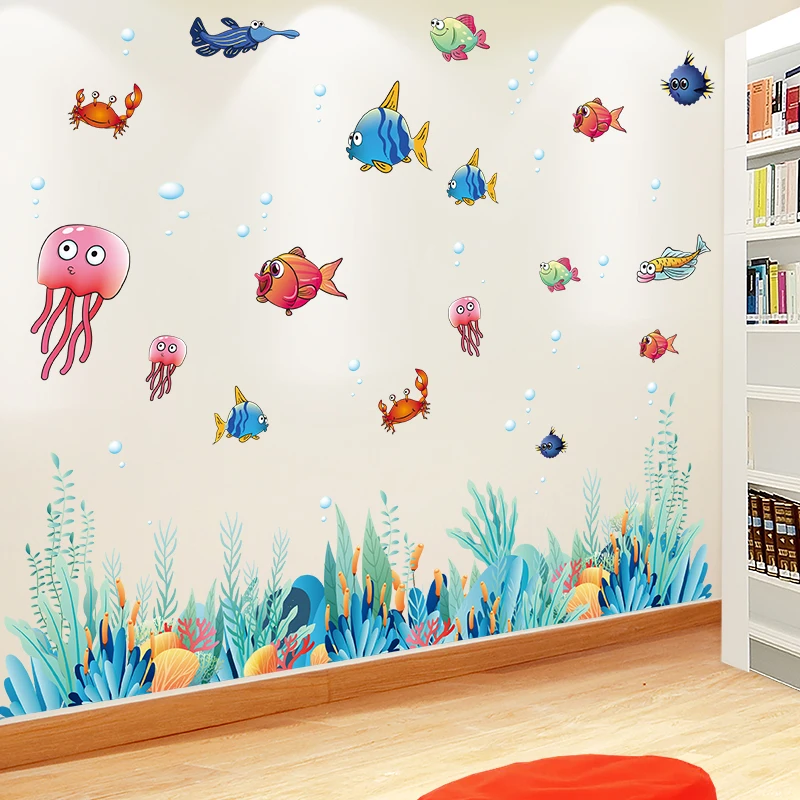 

[SHIJUEHEZI] Cartoon Fish Wall Stickers PVC Material DIY Seaweed Plant Mural Decals for Kids Room Baby Bedroom Decoration