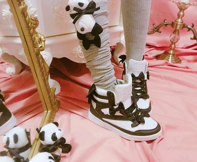 Повседневная обувь для девочек в стиле Лолиты с милой пандой обувь в Корейском стиле Harajuku Mori girl JK с бантиком и высоким берцем на липучке обувь на толстой подошве