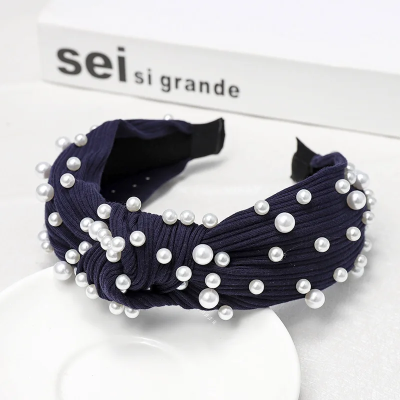 Новые однотонные жемчужные повязки на голову с широким узлом для женщин и девочек, вязаные повязки для волос ручной работы, ободок для макияжа, зимние жемчужные аксессуары для волос - Цвет: Navy